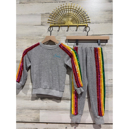 Lola and the Boys "Amelia" Tracksuit Set Girls 4 Gray Rainbow Sequin Glam EUC0
