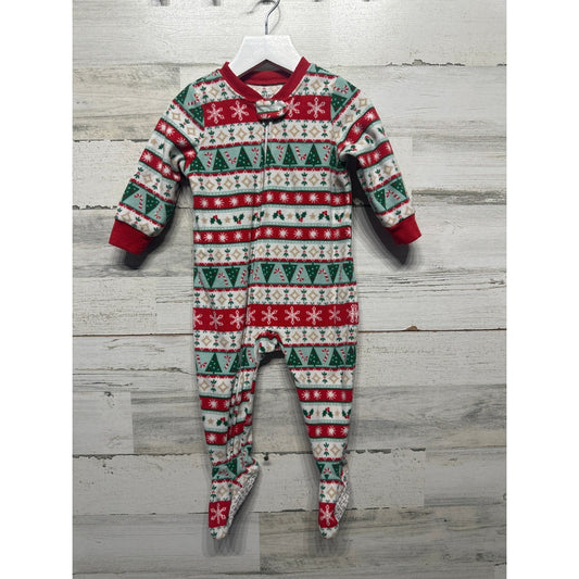 Carter's Footed Pajamas Kids 12M Red Fair Isle Holiday Fleece EUC0