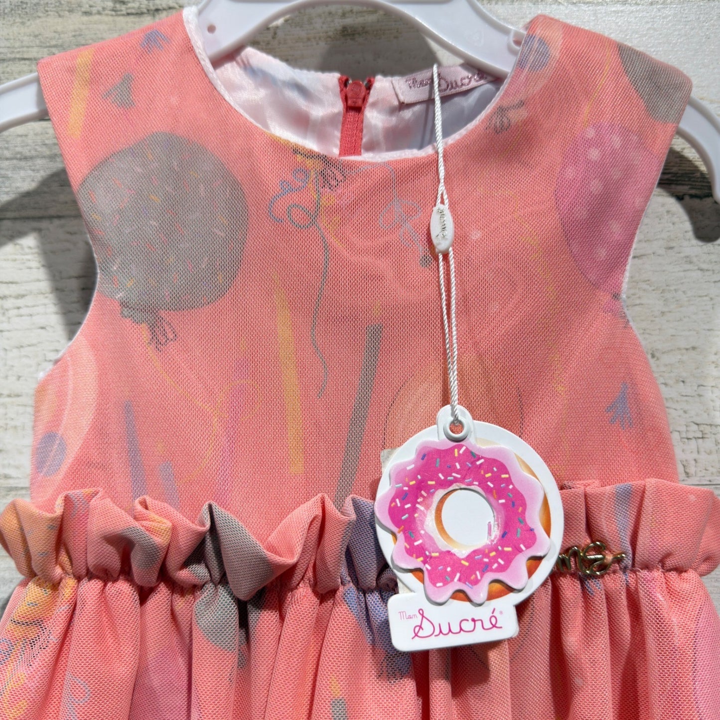 Mon Sucre Balloon Print Dress Girls Size 1 (12m) Pink Mesh Party Whimsical NWT1