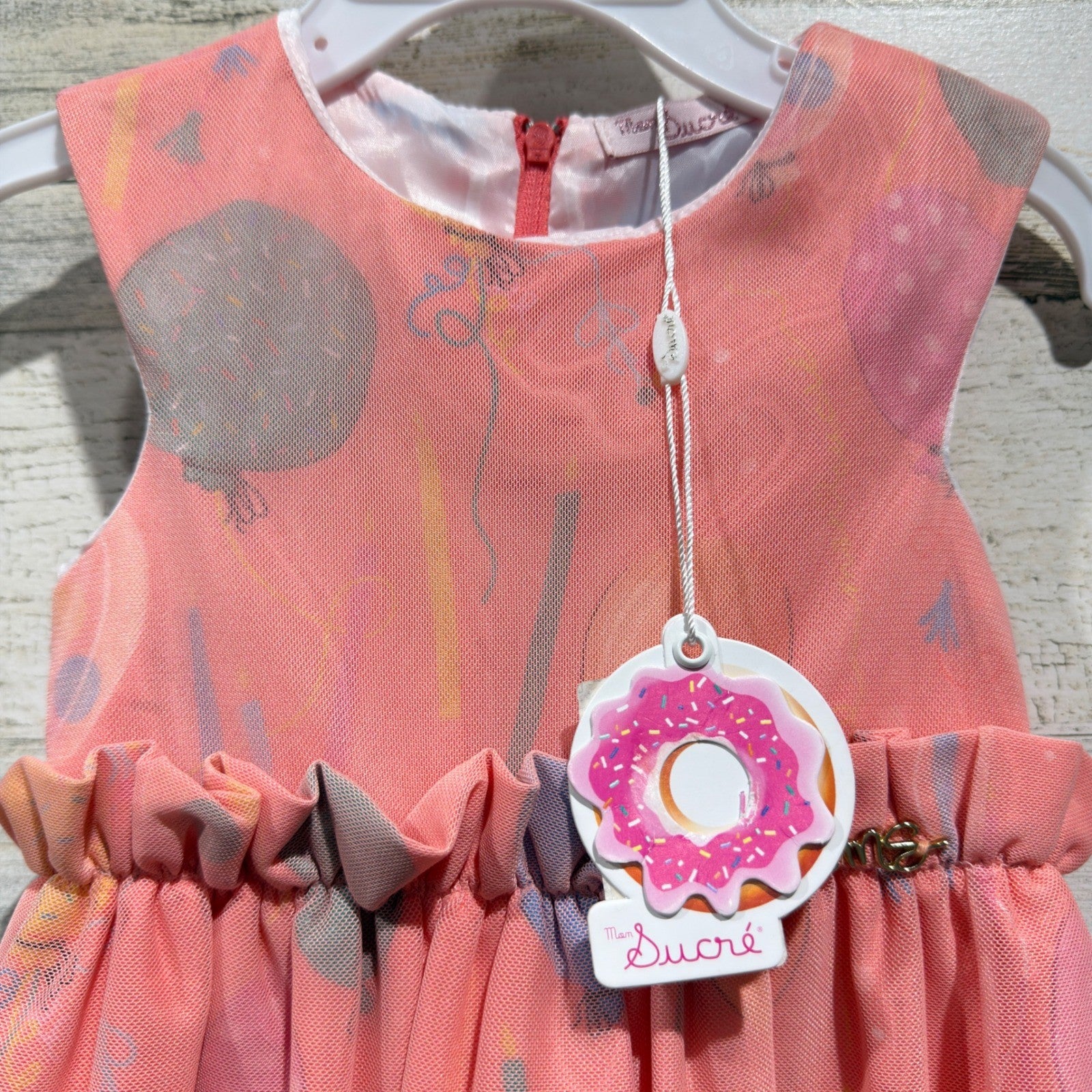 Mon Sucre Balloon Print Dress Girls Size 1 (12m) Pink Mesh Party Whimsical NWT1