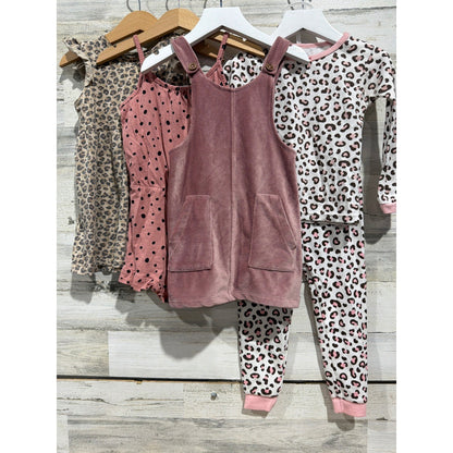 Jessica Simpson H&M Bundle Girls 2T Pink Leopard Corduroy Pinafore Pajamas EUC0