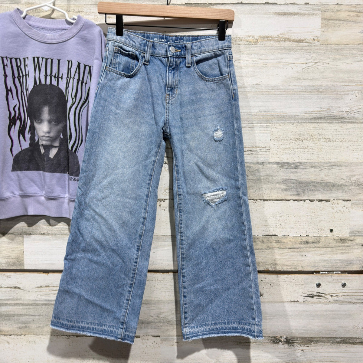 Old Navy Baggy Wide Leg Jeans Wednesday Addams Sweatshirt Girls 10 EUC2
