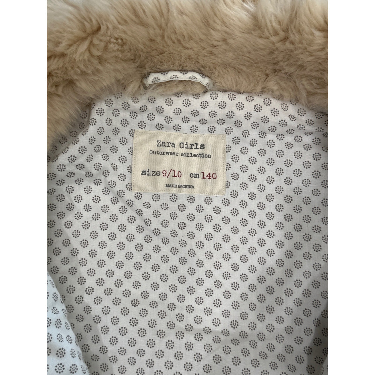 Zara Faux Fur Vest Girls 9/10 Cream Tan Zip Up Polka Dot EUC1