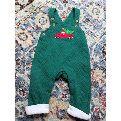 Baby Starters Quilted Overalls Boys 9M Green Red Truck Christmas Holiday EUC0