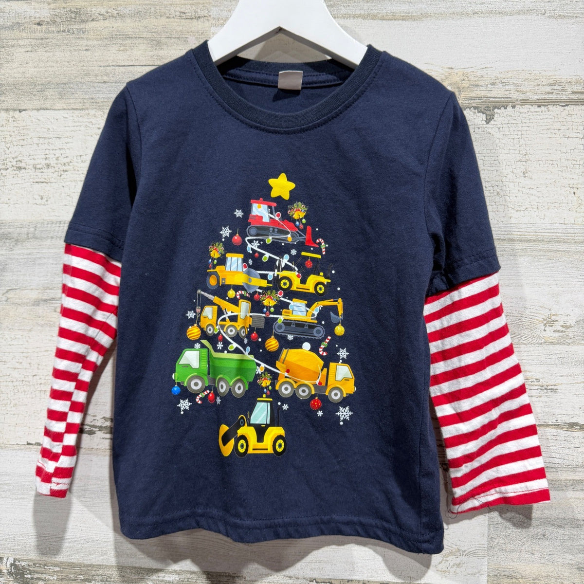 Construction Christmas Tree Shirt Boys 4T Navy Striped Holiday EUC0