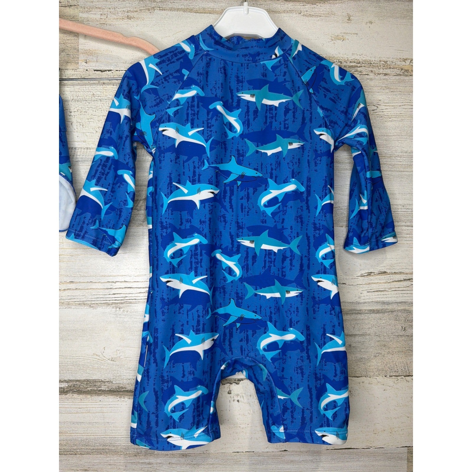 Up and Fast Swimsuit Boys 18-24M Blue Shark Rash Guard Hat Set Sharkcore EUC1