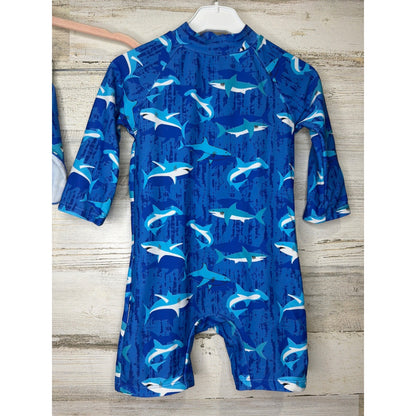 Up and Fast Swimsuit Boys 18-24M Blue Shark Rash Guard Hat Set Sharkcore EUC1
