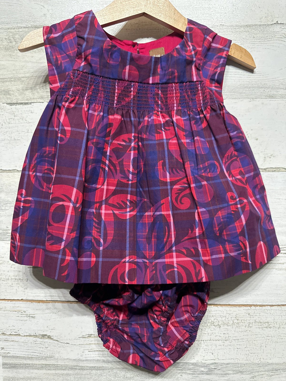 Tea Collection Dress Set Girls 3-6M Purple Pink Plaid Smocked Floral NWT0