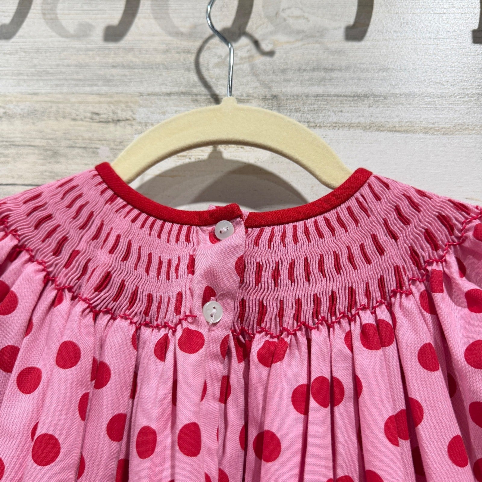 Southern Sunshine Smocked Dress Girls 7 Pink Santa Polka Dot Holiday EUC6