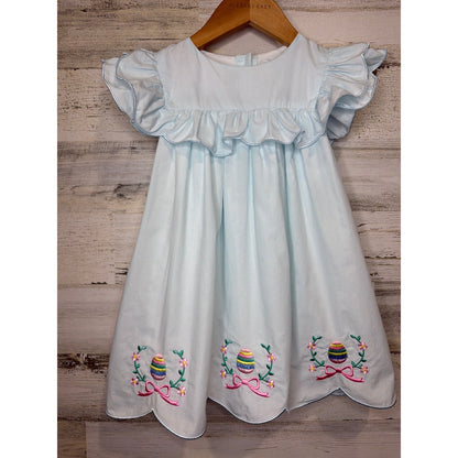 Classic Whimsy Easter Dress Girls 3T Blue Embroidered Egg Ruffle Scallop0
