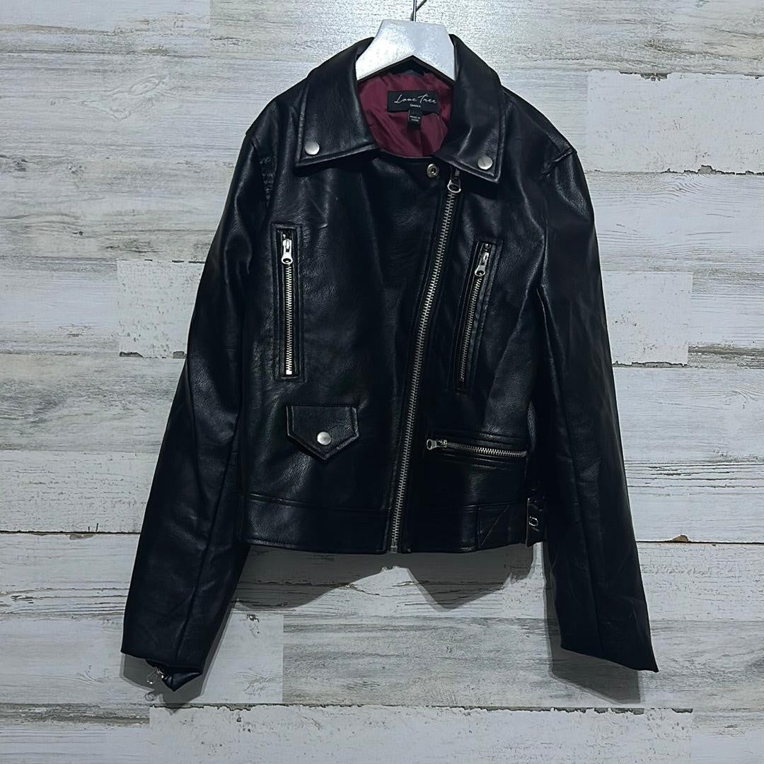 Women's Size Small (fits smaller like XS) Love Tree Black faux leather jacket -0
