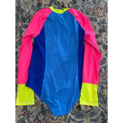 Lands' End Rash Guard Swimsuit Girls 14 Blue Pink Colorblock EUC3