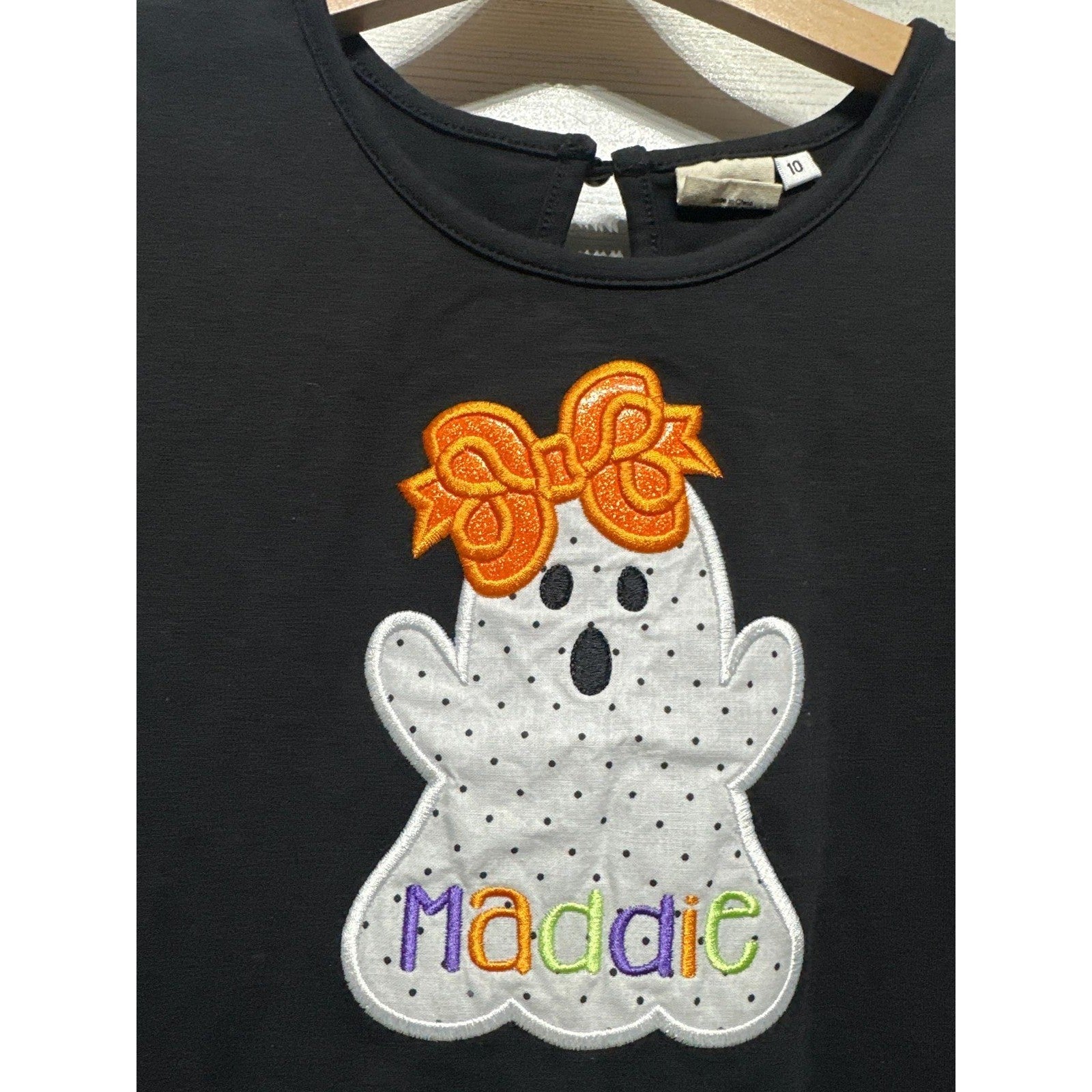 Ghost Ruffle Top Girls 10 Black Halloween Maddie Applique EUC1