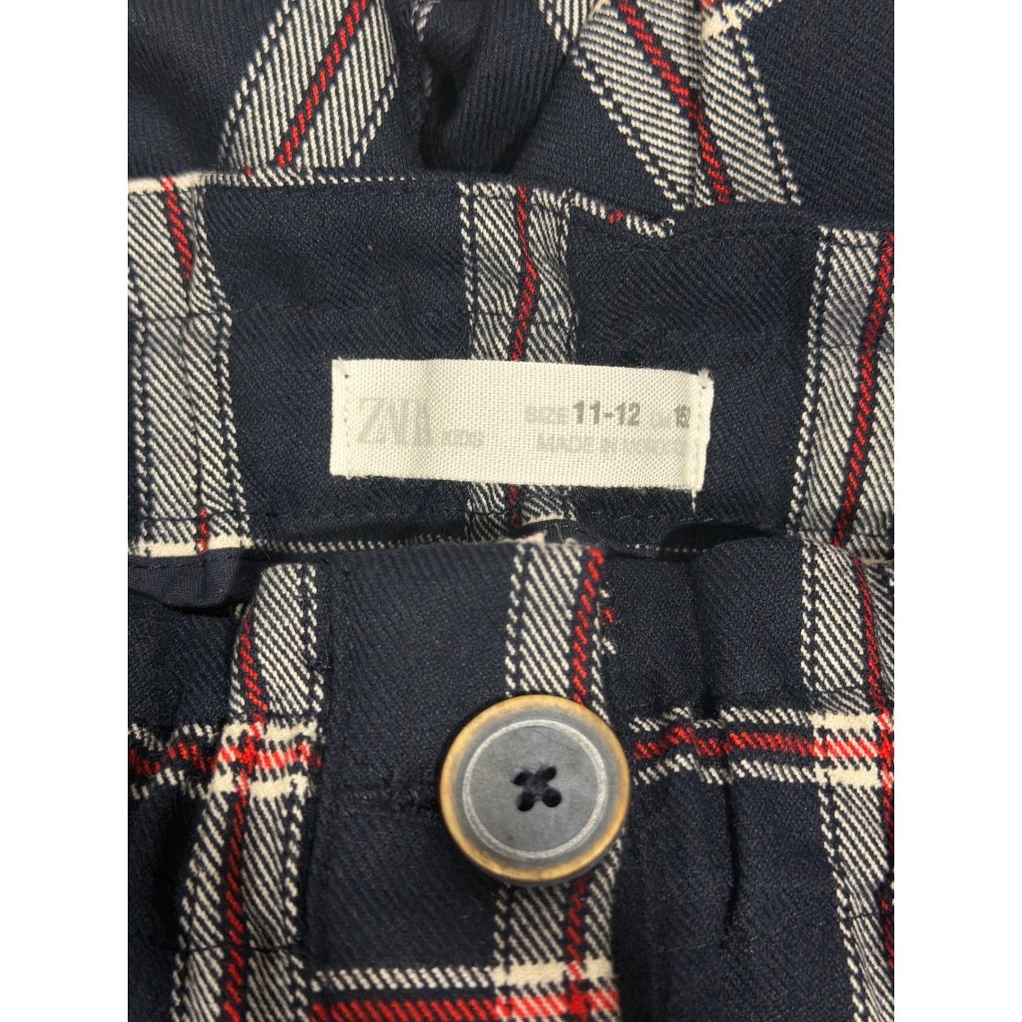 Zara Plaid Skirt Girls 11-12 Navy Blue Tartan Paperbag Waist Preppy EUC3