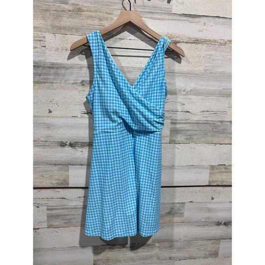 Lands End Swim Dress Women Size 8 Blue Gingham Surplice Retro Cottagecore EUC0