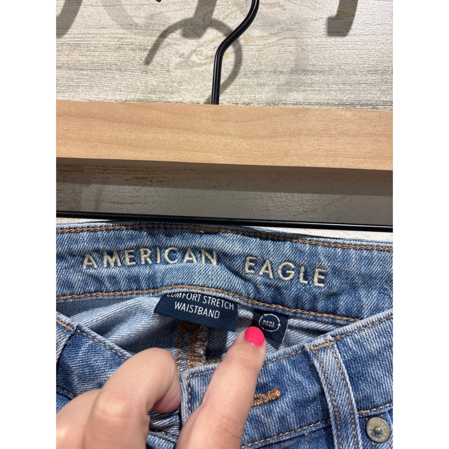 American Eagle Mom Jeans Women Size 4 Long Blue Distressed High Rise Denim1