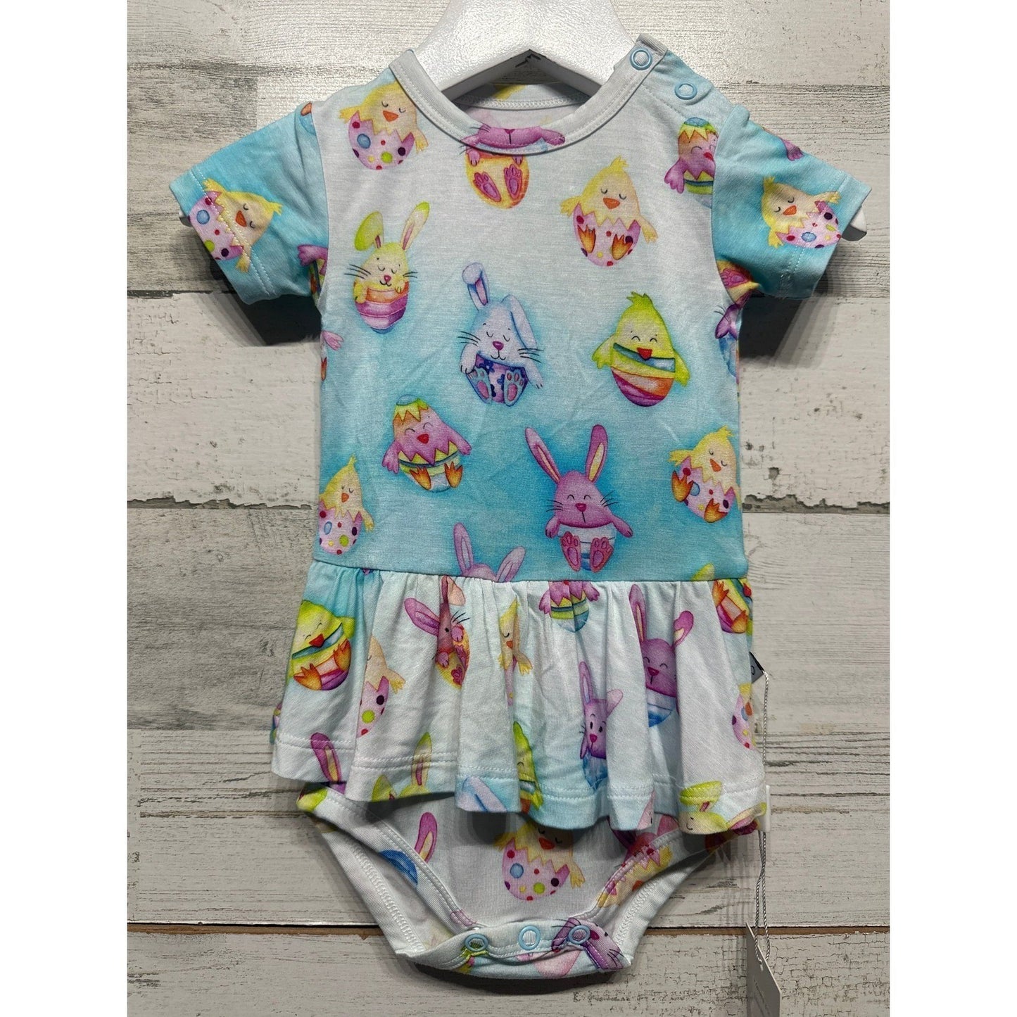 Birdie Bean Ruffled Romper Baby Girl 6-12M Blue Easter Bunny Chick NWT0