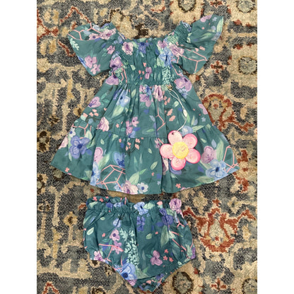 Mon Sucre Floral Dress Set Baby 6-9M Teal Smocked Flutter Sleeve NWT0