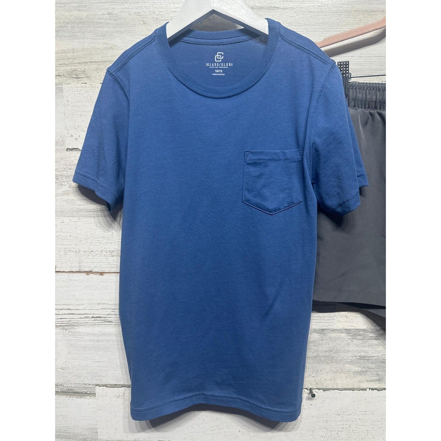 Class Club T-Shirt and 90 Degrees Shorts Set Boys 10/12 Blue Grey Pocket Tee EUC2