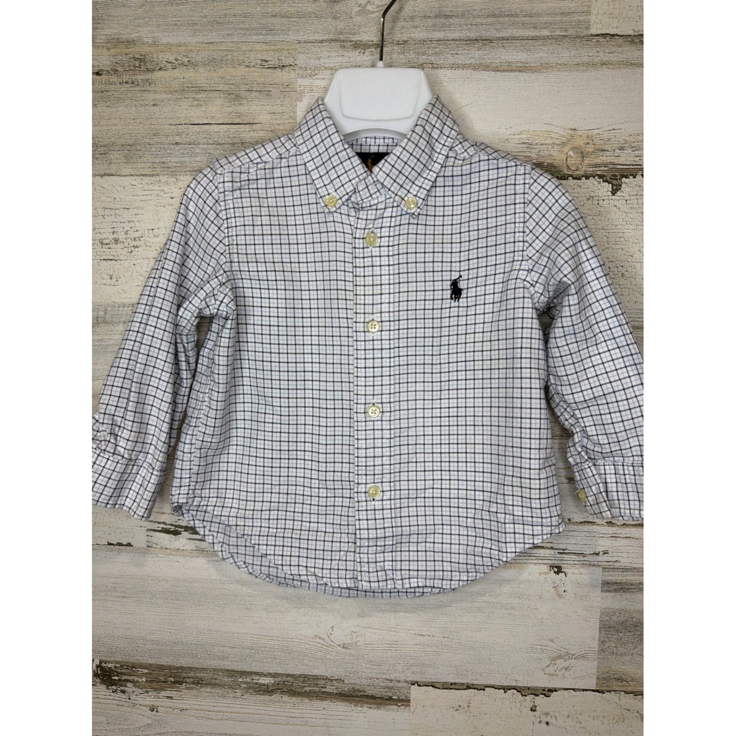 Ralph Lauren Button Up Shirt Boys 18M White Blue Plaid Cotton Preppy EUC0