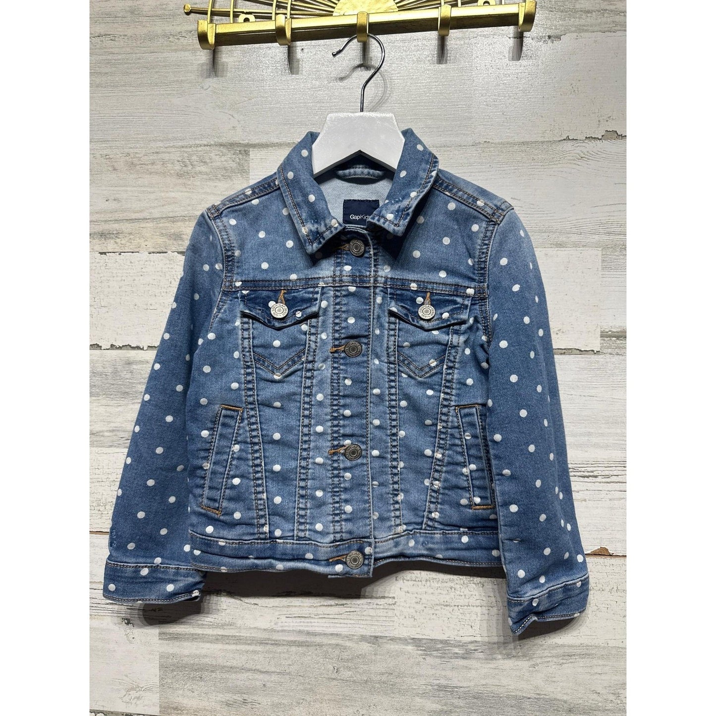 Gap Denim Jacket Girls XS 4-5 Blue Polka Dot Stretch Jean Trucker EUC0