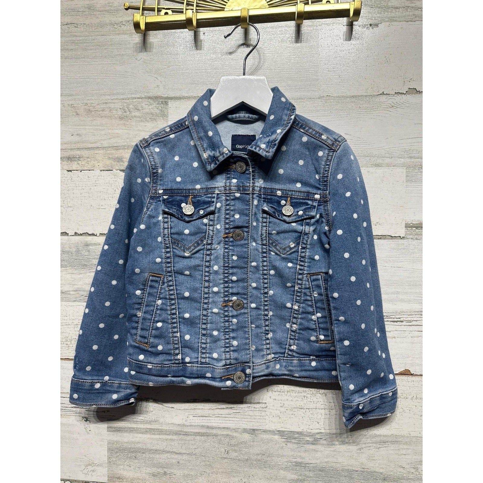 Gap Denim Jacket Girls XS 4-5 Blue Polka Dot Stretch Jean Trucker EUC0