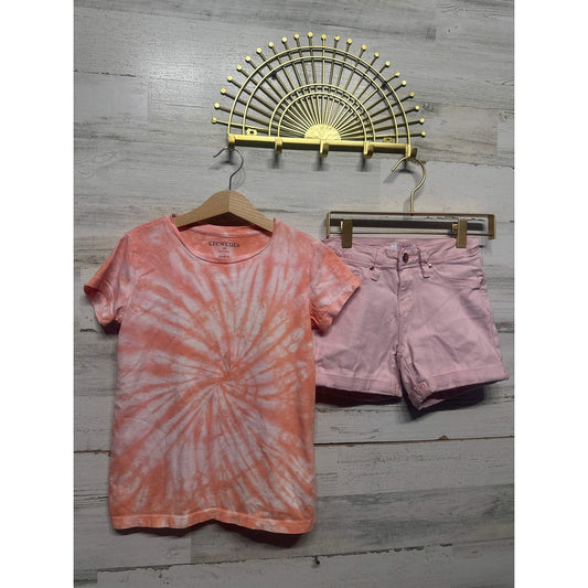 Crewcuts YMI Outfit Girls Size 8 Orange Pink Tie Dye Tee Denim Shorts EUC0