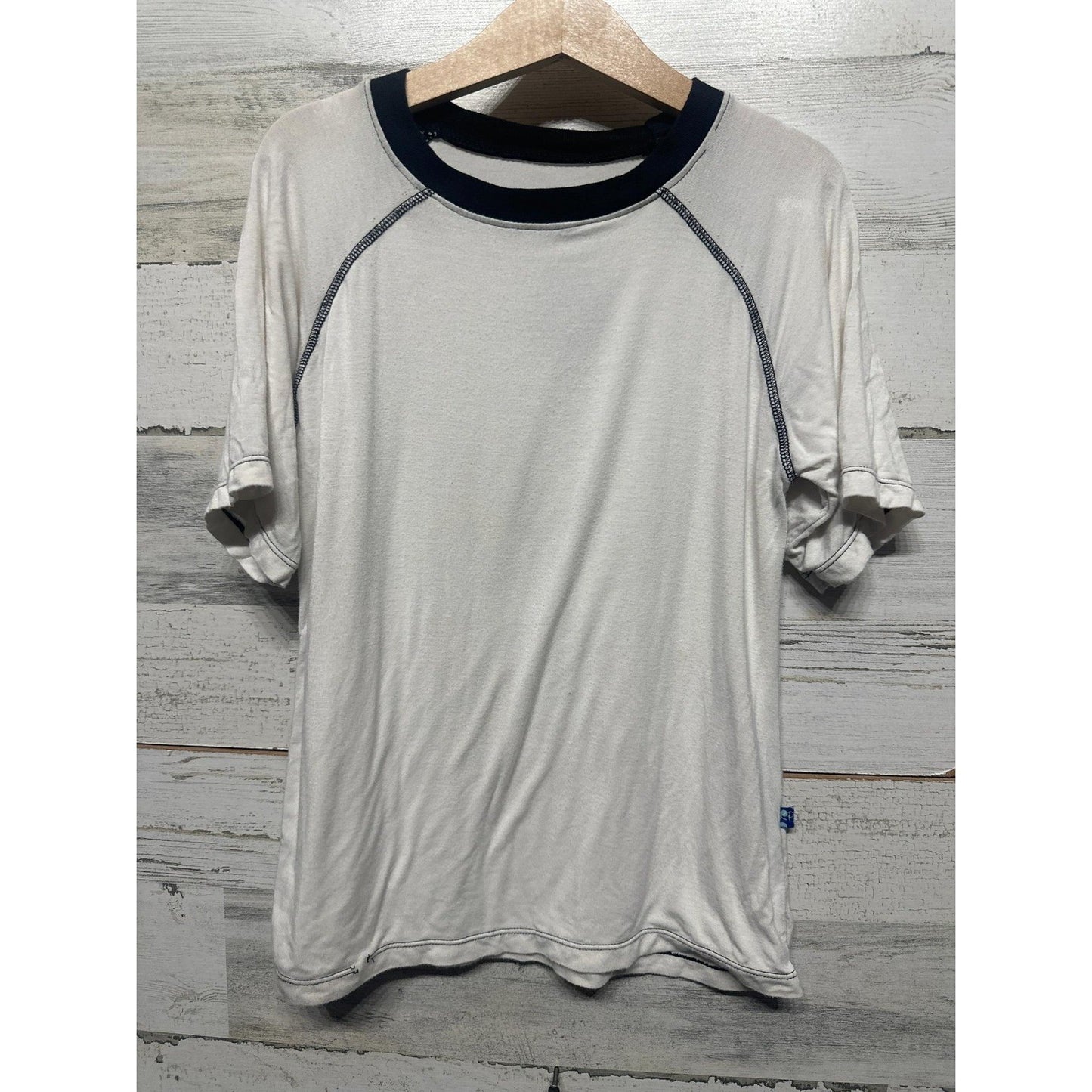 Kickee Pants Raglan Tee Boys 6 Natural Navy Short Sleeve Bamboo *Flawed0