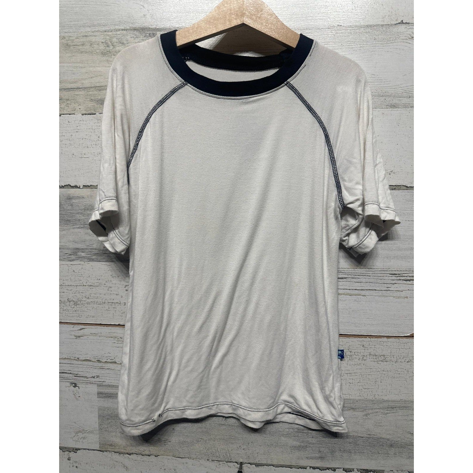 Kickee Pants Raglan Tee Boys 6 Natural Navy Short Sleeve Bamboo *Flawed0