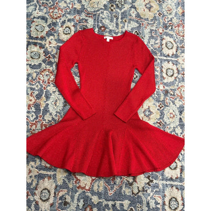 GB Sweater Dress Girls L 12/14 Red Sparkle Metallic Ribbed Skater EUC0