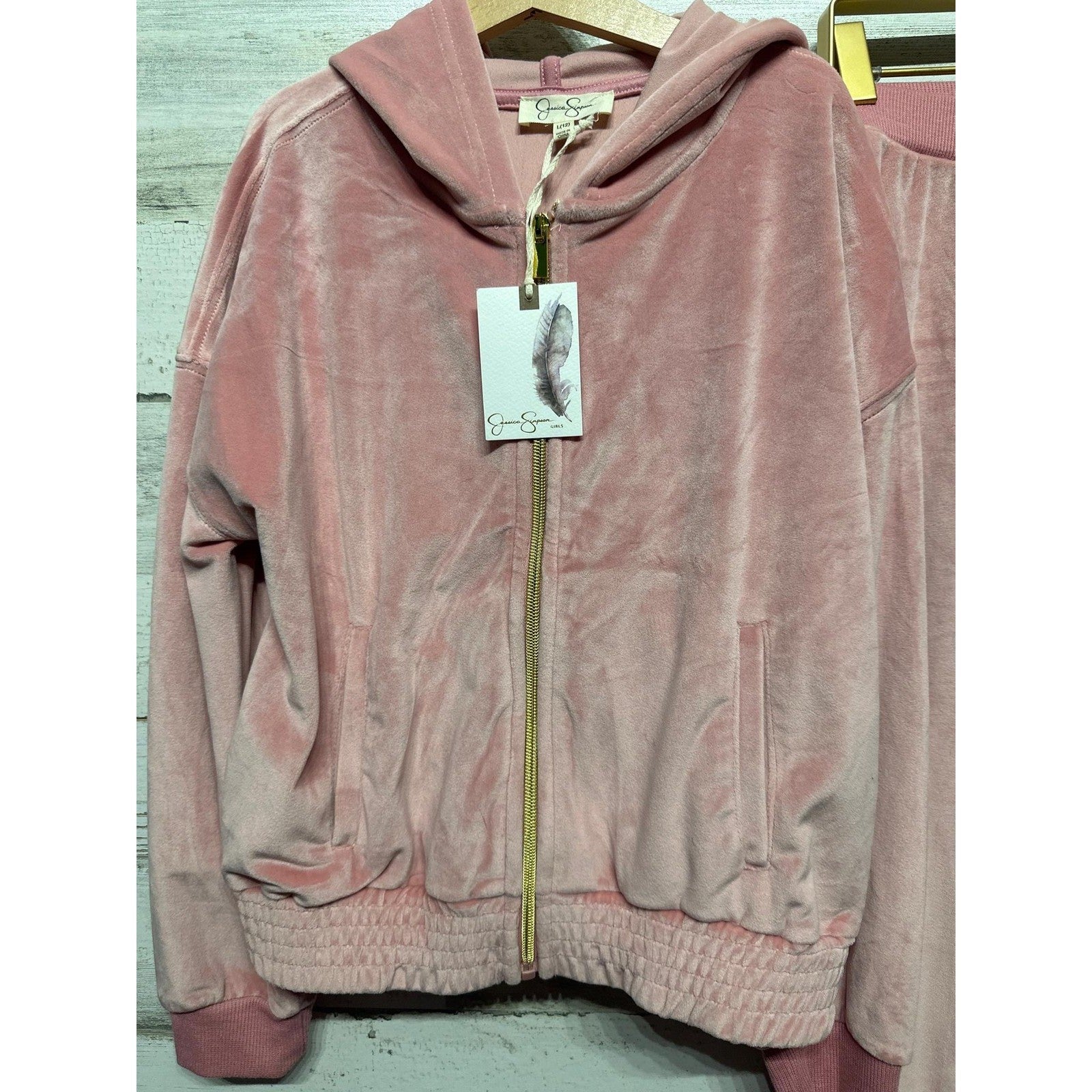 Jessica Simpson Tracksuit Set Girls 12 Blush Pink Velour Zip Hoodie Flare NWT1