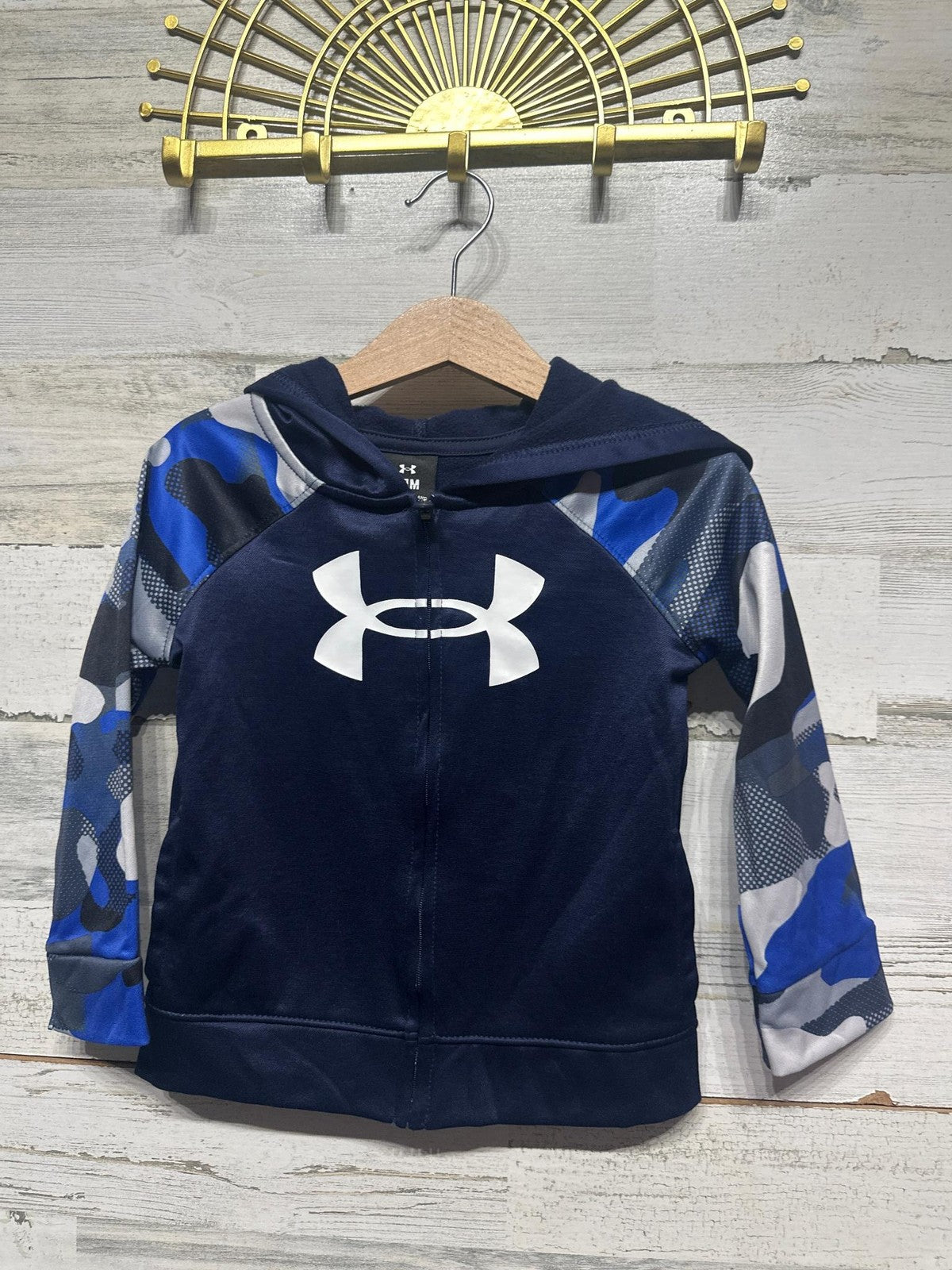 Under Armour Hoodie Boys 24M Navy Blue Camo Raglan Full Zip EUC0