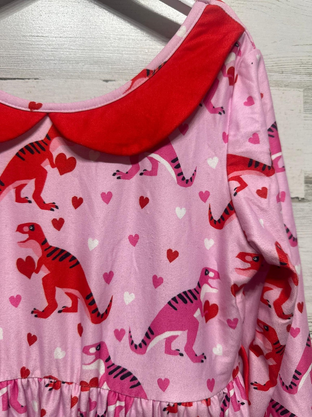 Cheeky Plum Dinosaur Heart Dress Kids 12Y Pink Red Peter Pan Collar EUC1