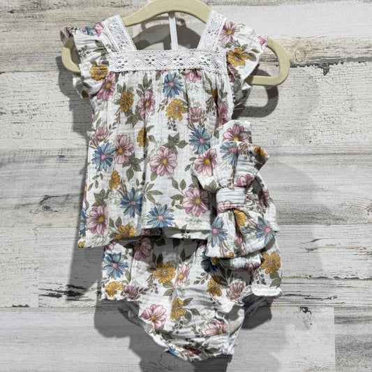 Chickpea Organic 3pc Set Girls 3-6M White Floral Gauze Cottagecore NWT0