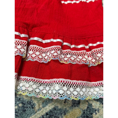 Baby Mexican Embroidered Dress Infant 0 (Fits 0-12m) Red Floral Crochet Lace EUC4