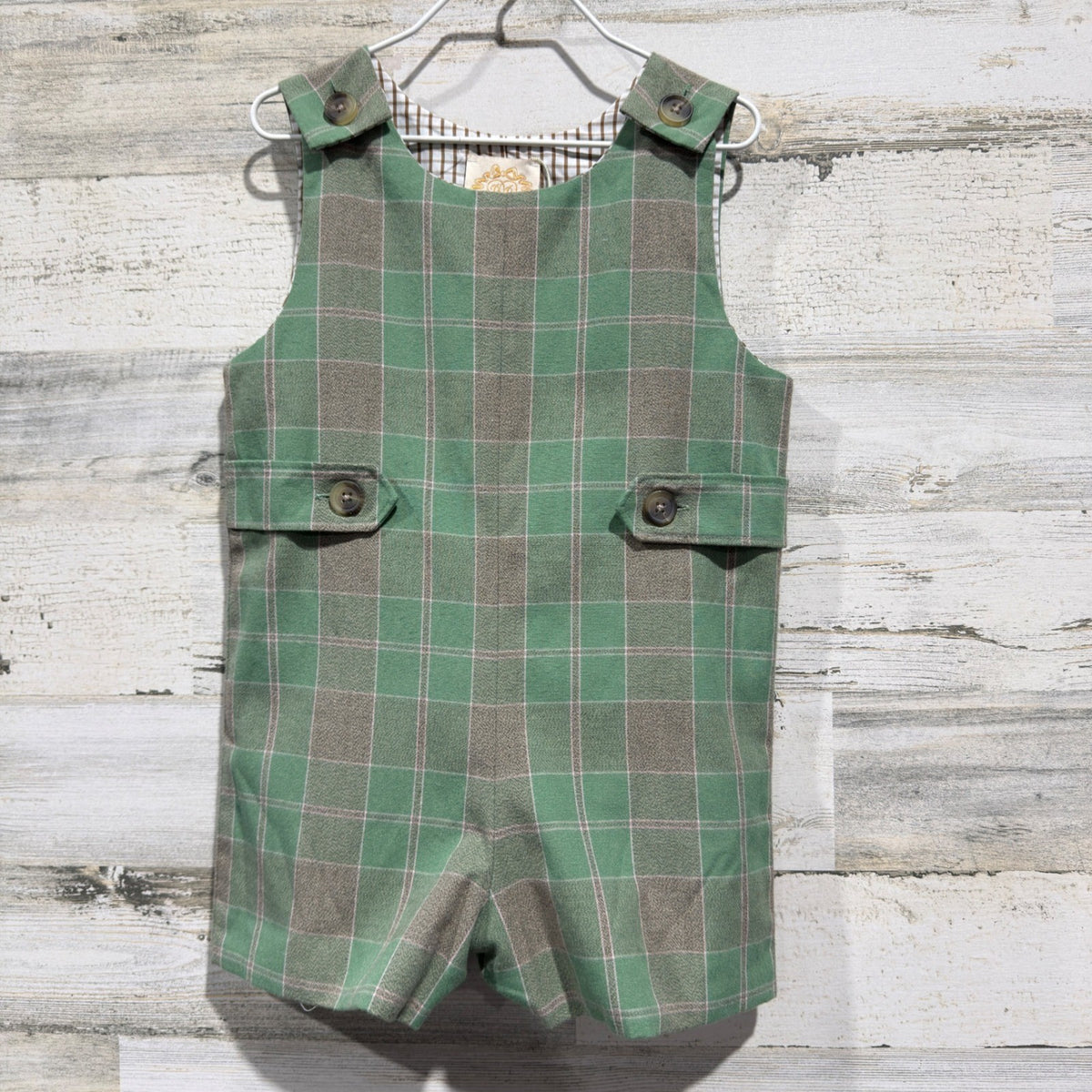 The Beaufort Bonnet Company Jon Jon Romper Boys 3T Green Plaid Cotton Blend EUC0