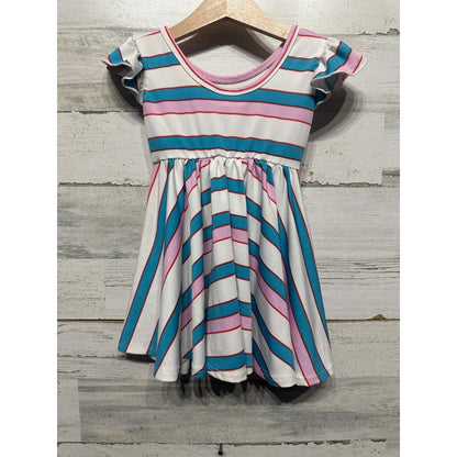 Dot Dot Smile Twirl Dress Girls 12/24M Pink Teal Striped Flutter Sleeve1