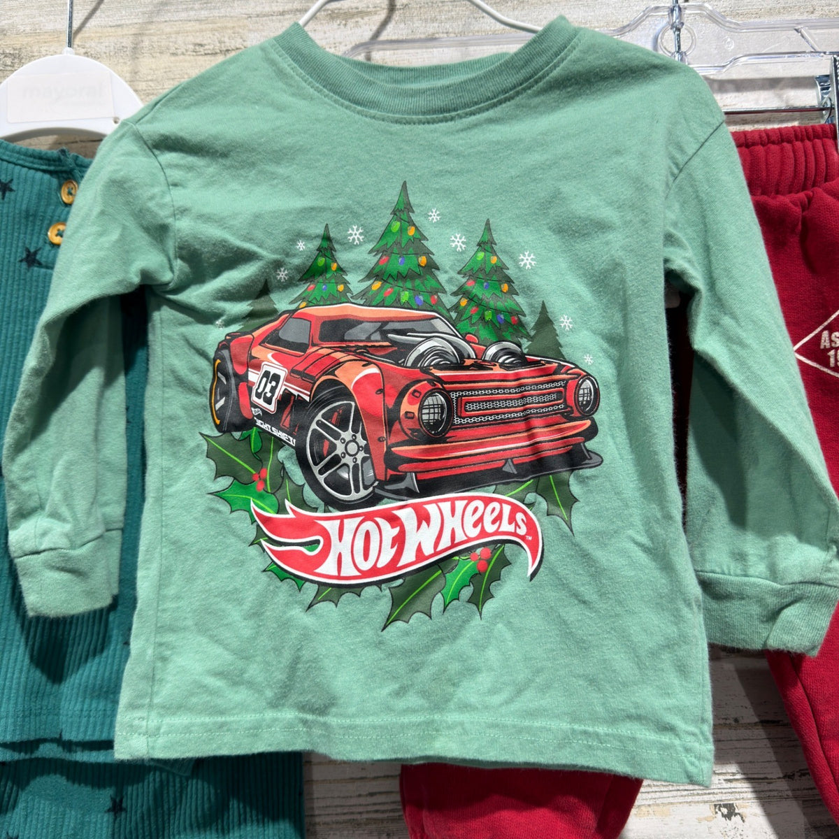 Hot Wheels Cat & Jack Zara Boys Bundle 12M Green Red Cotton Holiday Ribbed Set1