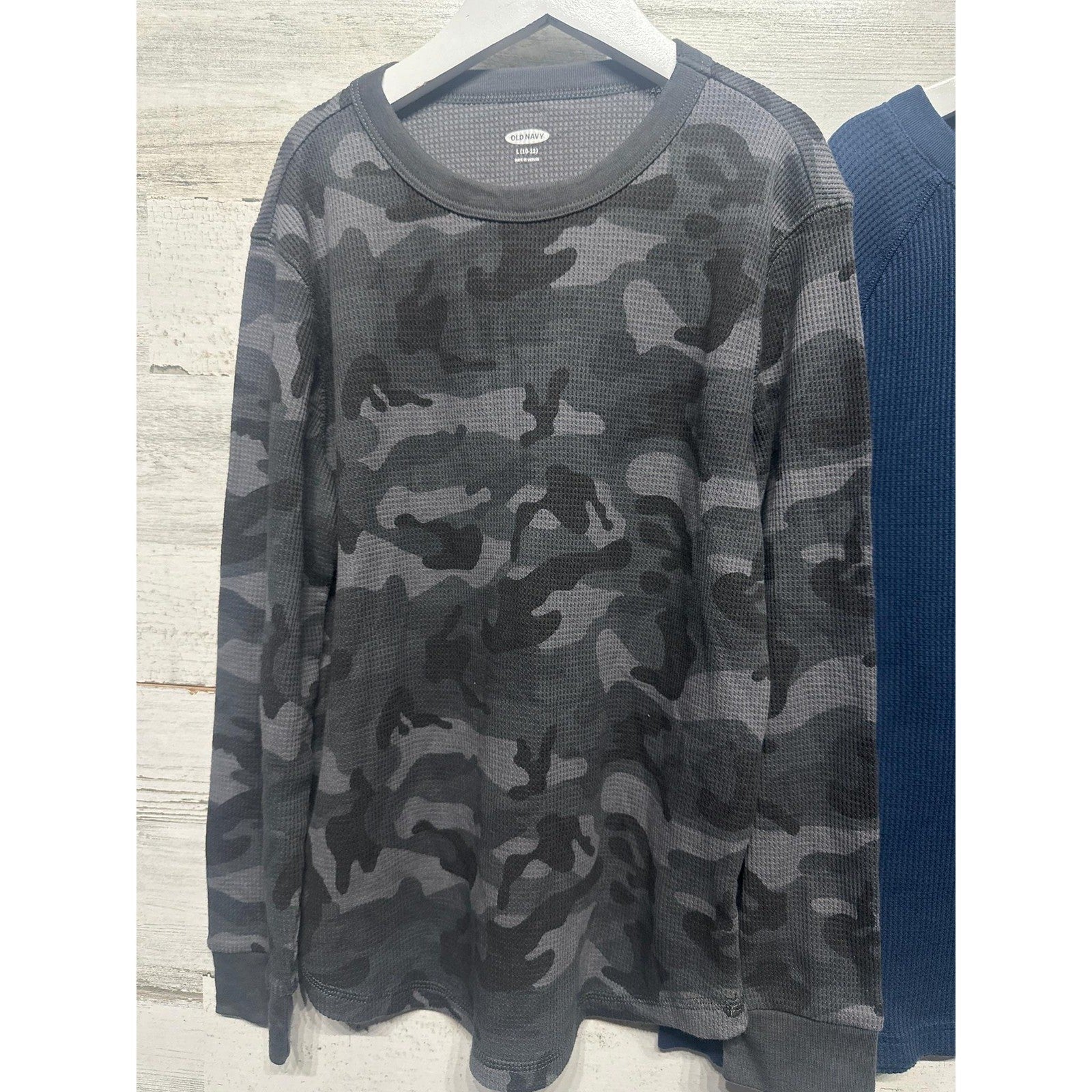 Old Navy Class Club Thermal Shirts Boys 10-12 Blue Camo Waffle Knit1