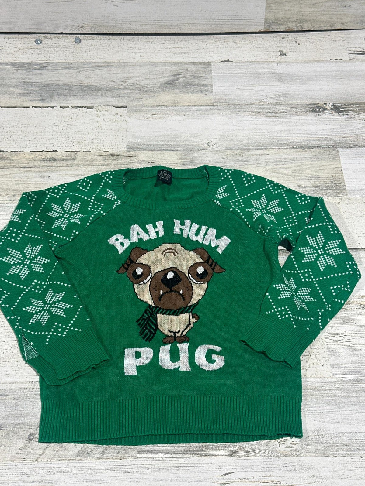 Holiday Sweater Kids Large Green Bah Hum Pug Snowflake Graphic EUC0