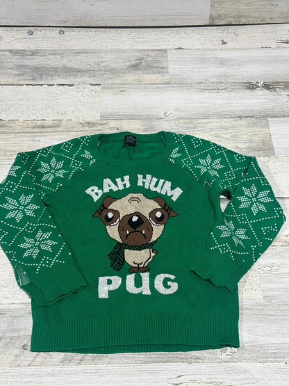 Holiday Sweater Kids Large Green Bah Hum Pug Snowflake Graphic EUC0