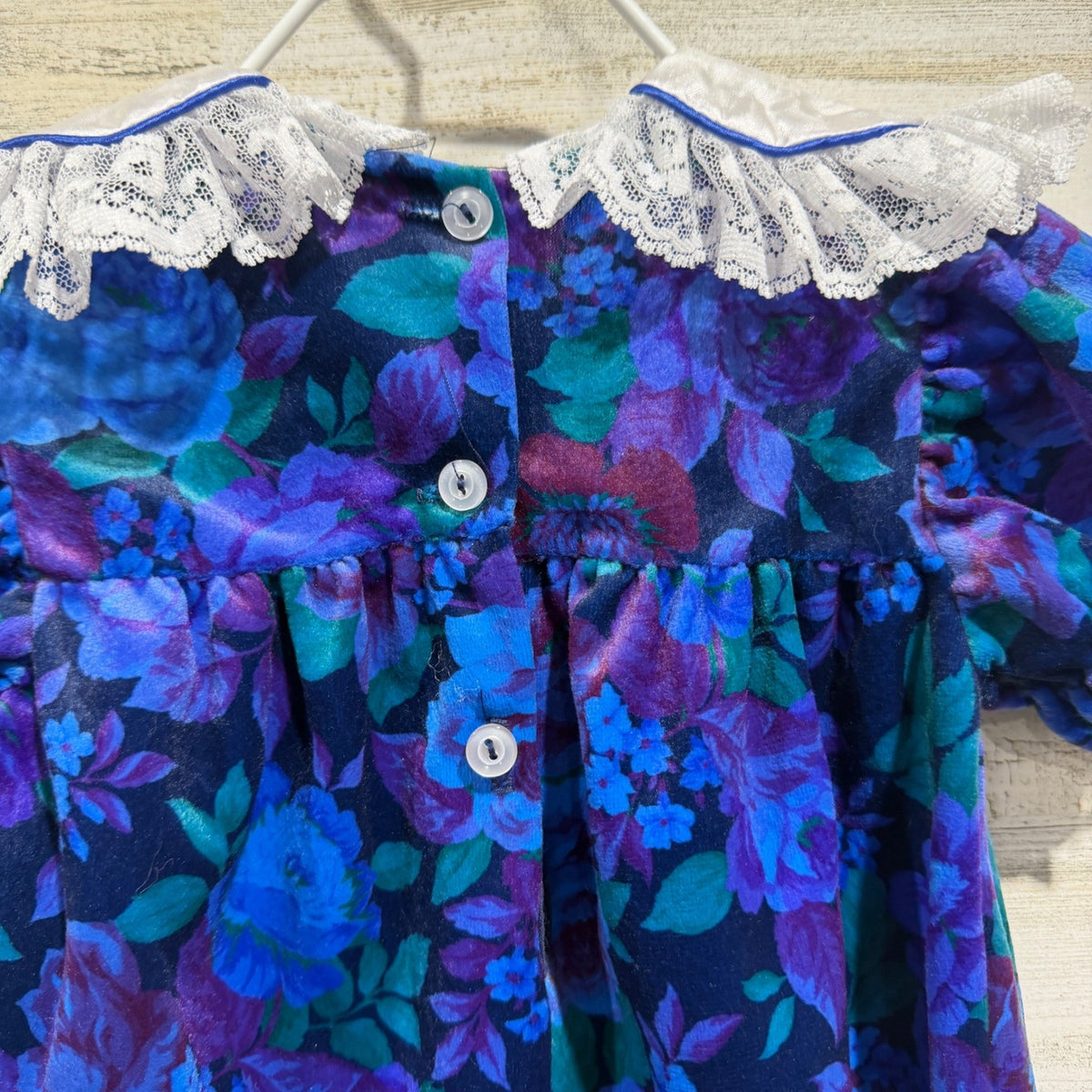 Vintage Style Floral Romper Girls 3/6M Blue Velvet Lace 90s Made in USA3