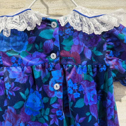 Vintage Style Floral Romper Girls 3/6M Blue Velvet Lace 90s Made in USA3
