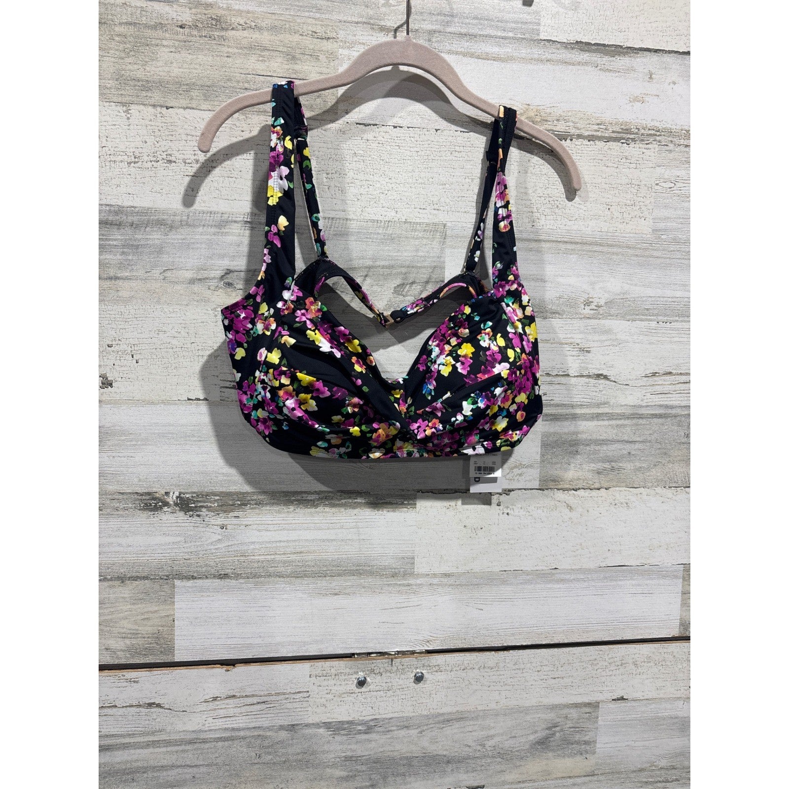 Lands End Swim Top Women 16 Black Floral Underwire Twist Front Summer NWT0