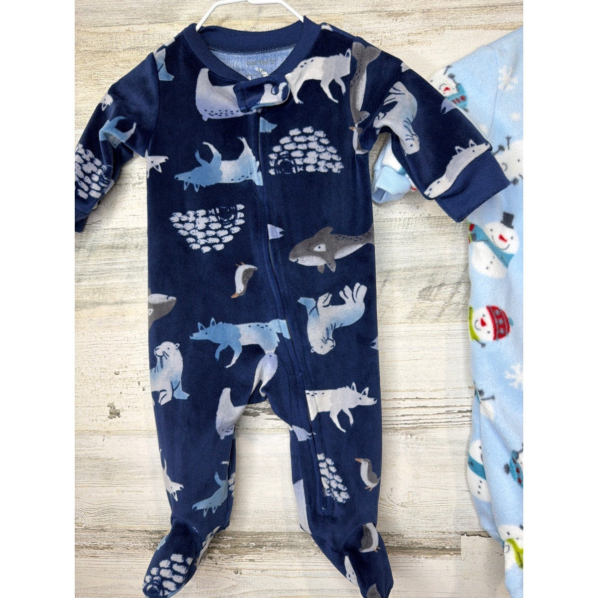 Carter's Fleece Sleepers Bundle Baby Boys 3M Blue Gray Penguin Snowman Winter3