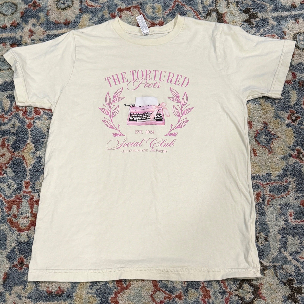 L-A-T Apparel Graphic Tee Girls Youth L Cream Tortured Poets Social Club EUC0