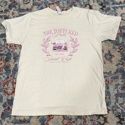 L-A-T Apparel Graphic Tee Girls Youth L Cream Tortured Poets Social Club EUC0