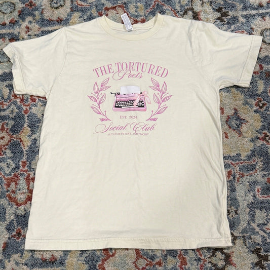 L-A-T Apparel Graphic Tee Girls Youth L Cream Tortured Poets Social Club EUC0