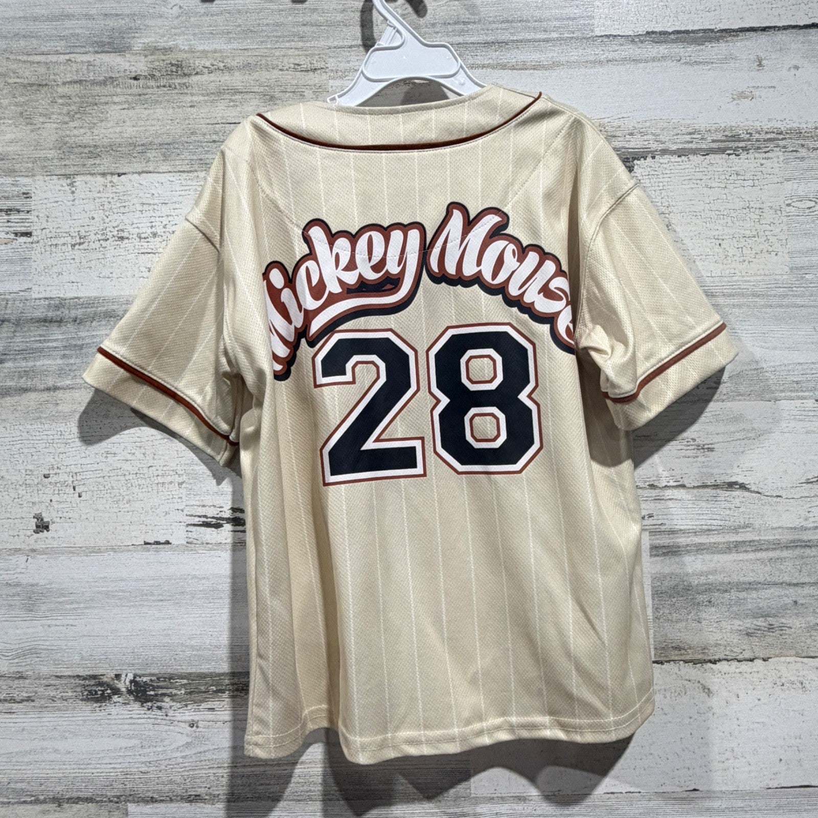 Disney Baseball Jersey Boys 6/7 Cream Pinstripe Mickey Mouse Sporty EUC3