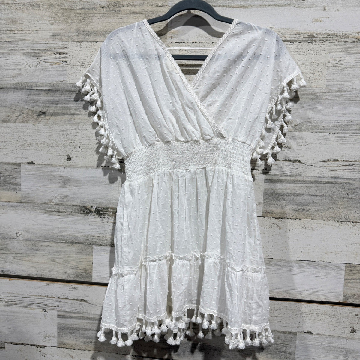 Chelsea & Violet Swiss Dot Tassel Dress Girls L White 100% Cotton Boho EUC2